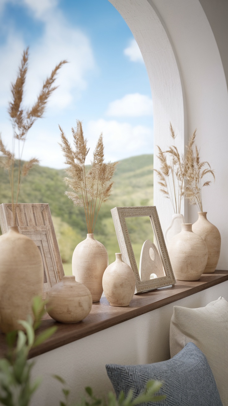 Sun-bleached accessories in a beach room setting with vases and dried plants on a windowsill.