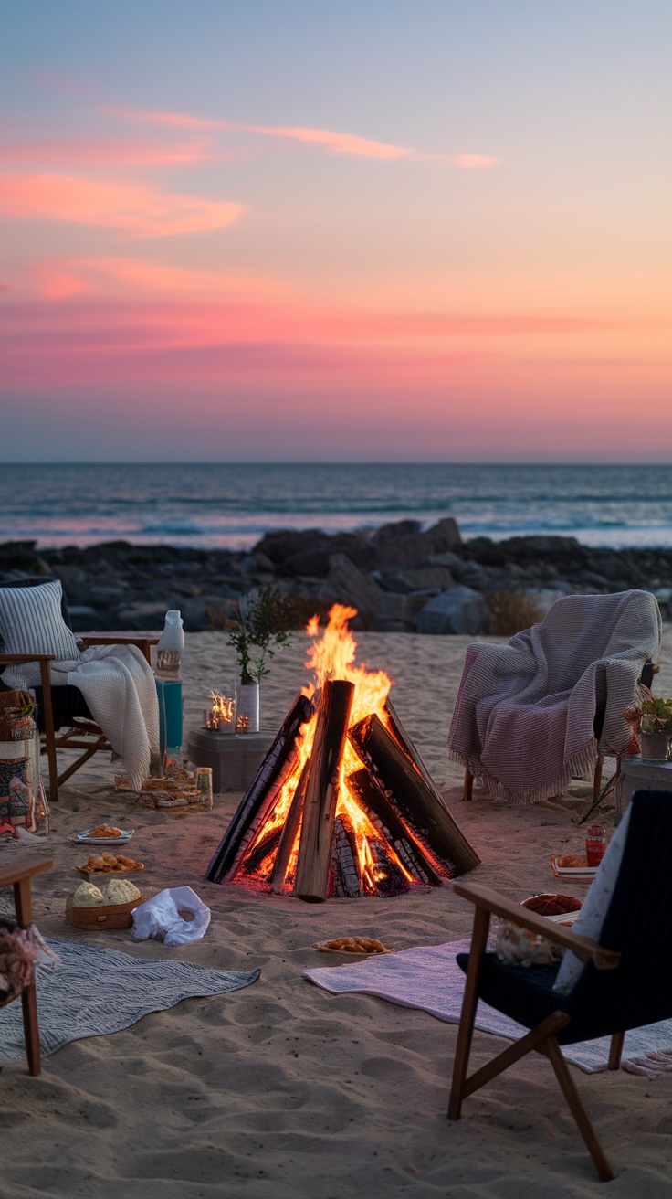 A beach bonfire setup during sunset with chairs, snacks, and a beautiful sky.