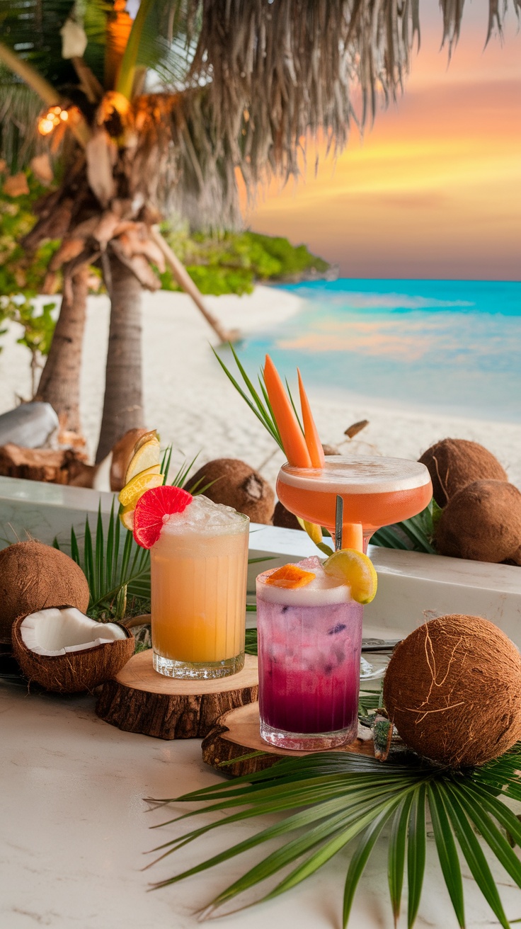 Tropical cocktail drinks at a beach bridal shower with a sunset backdrop.