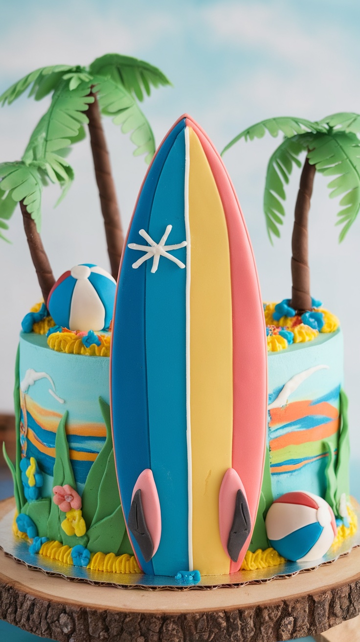 A beach-themed cake featuring a colorful surfboard and beach decorations