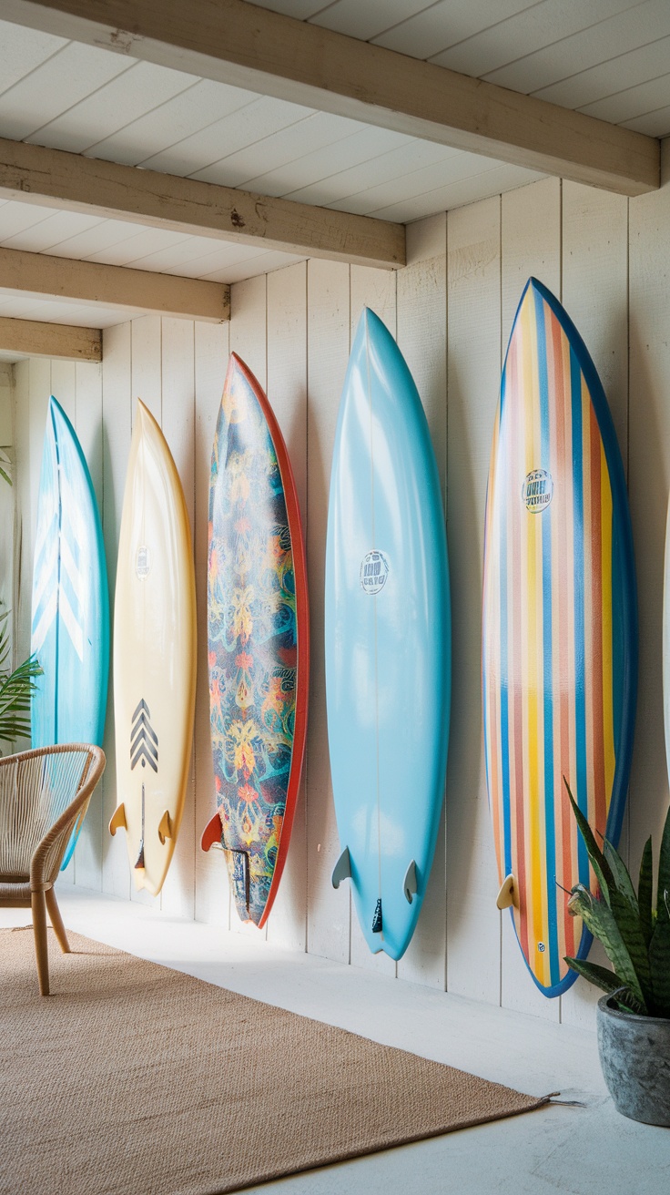 Colorful surfboards displayed on a wall in a beach-themed room.