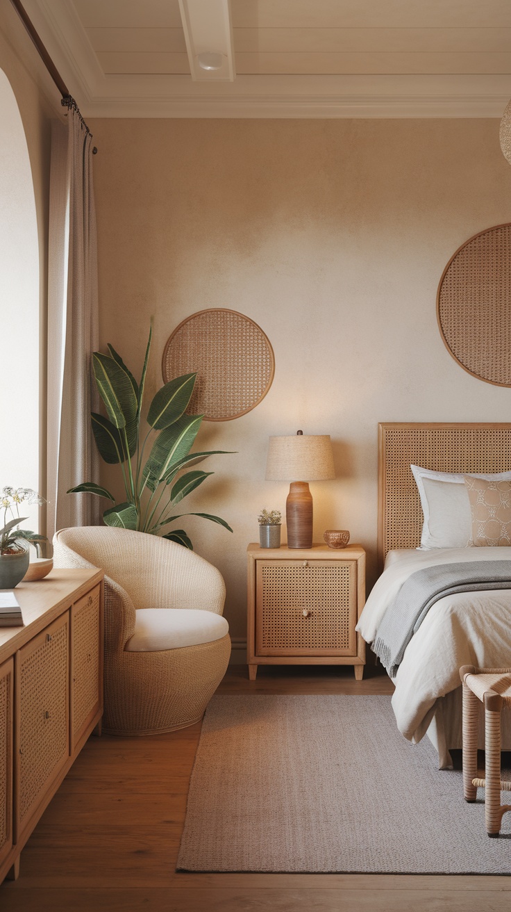 Coastal cottage bedroom with natural wood furniture and plants