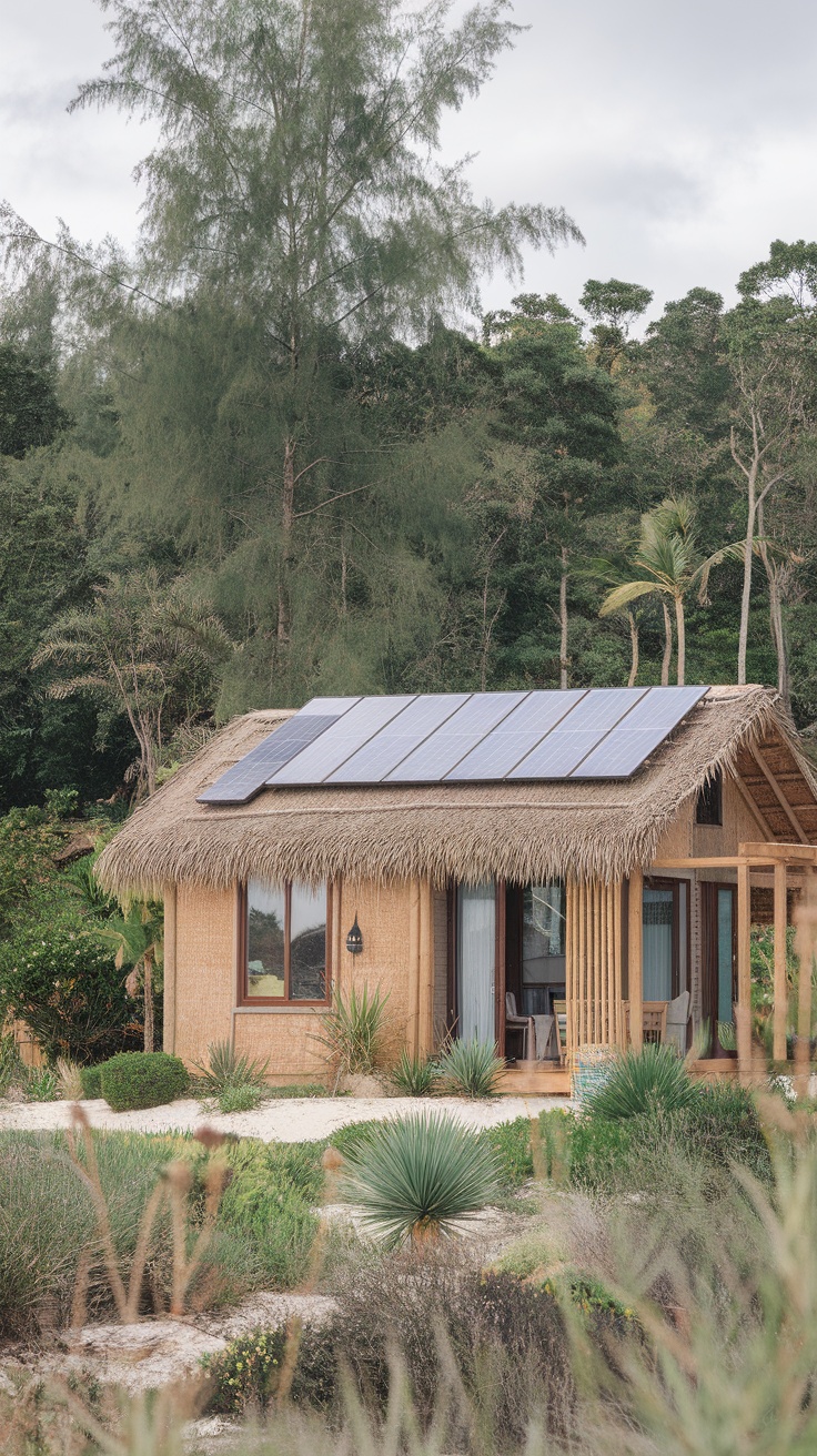 A beach cottage with a thatched roof and solar panels surrounded by greenery.