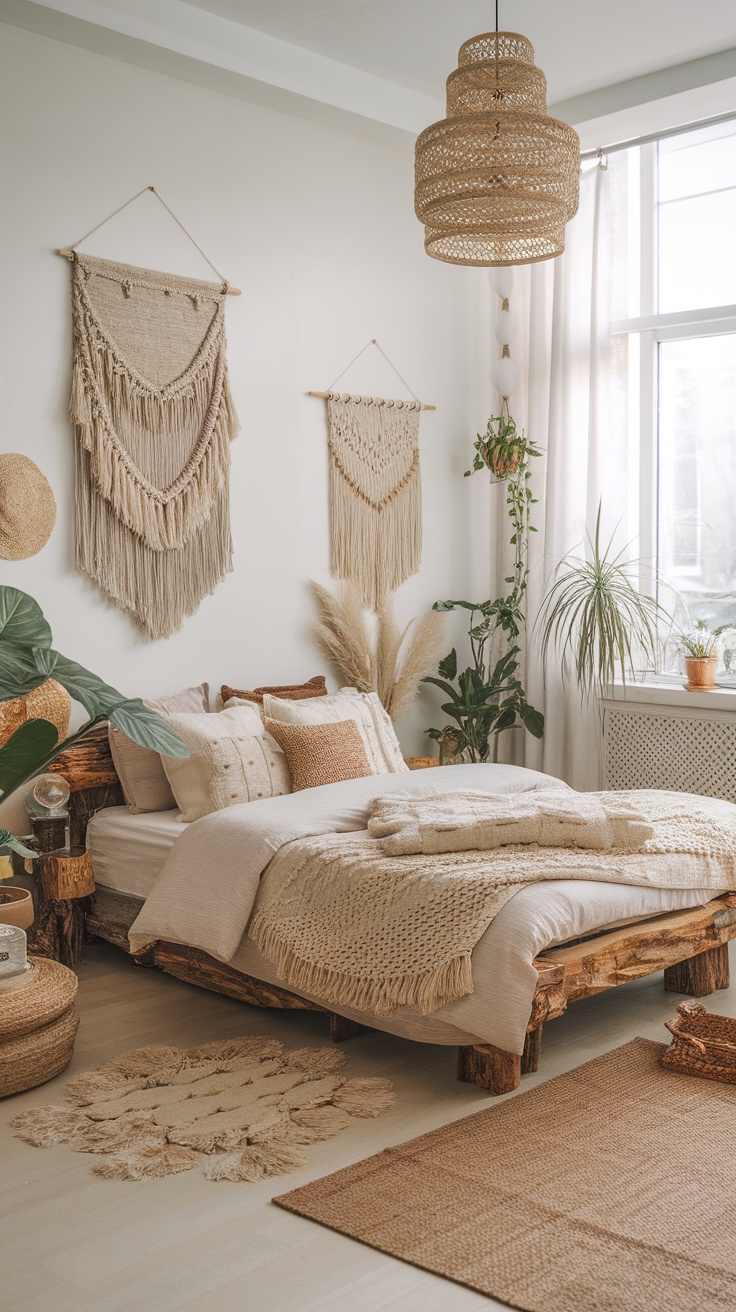 A cozy beachy boho bedroom featuring sustainable furniture, natural textiles, and earthy decor.