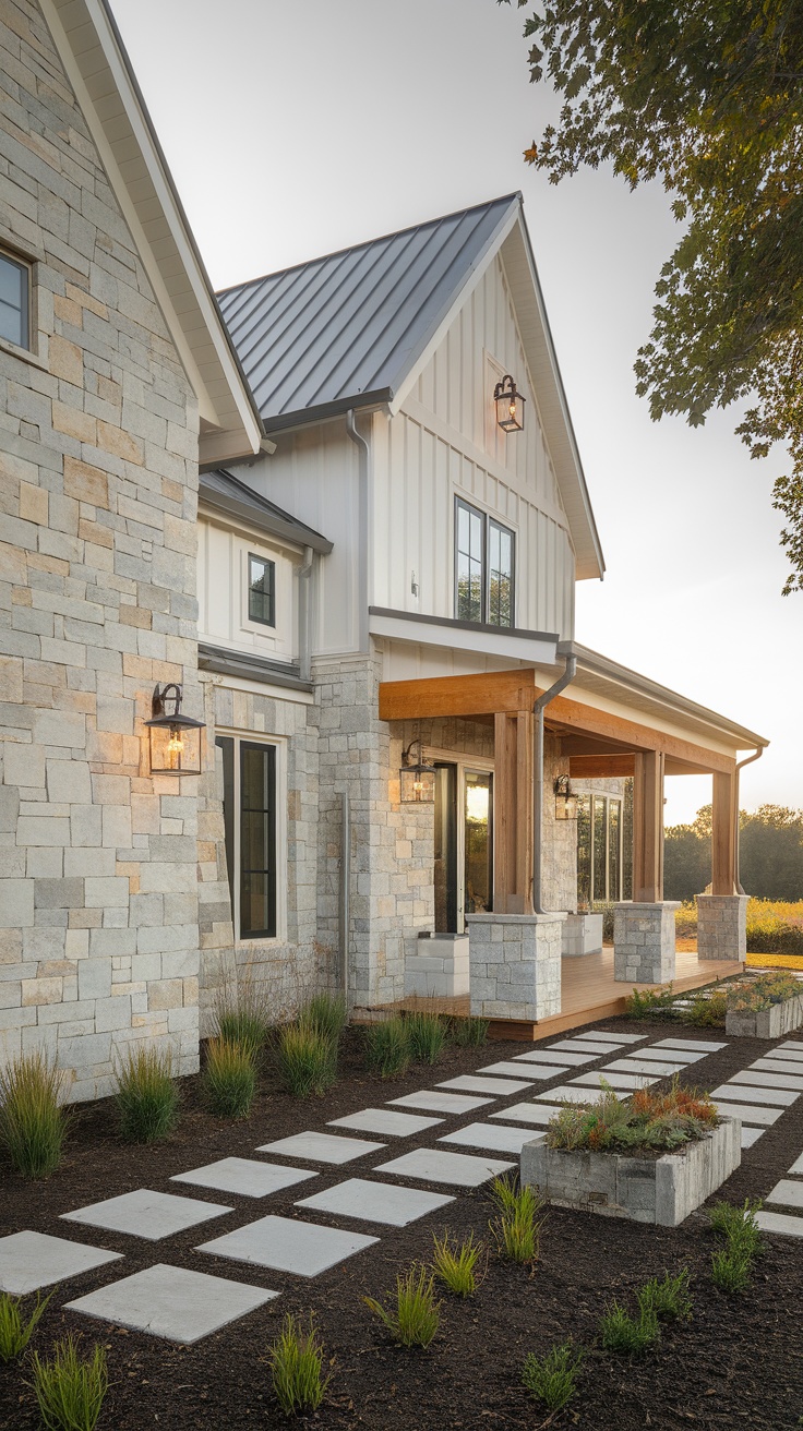 Exterior view of a modern farmhouse showcasing sustainable materials like stone and wood.