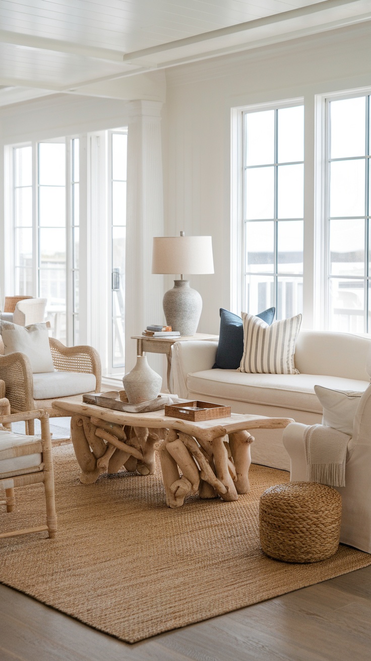 A modern coastal living room featuring a light color palette and various textures.