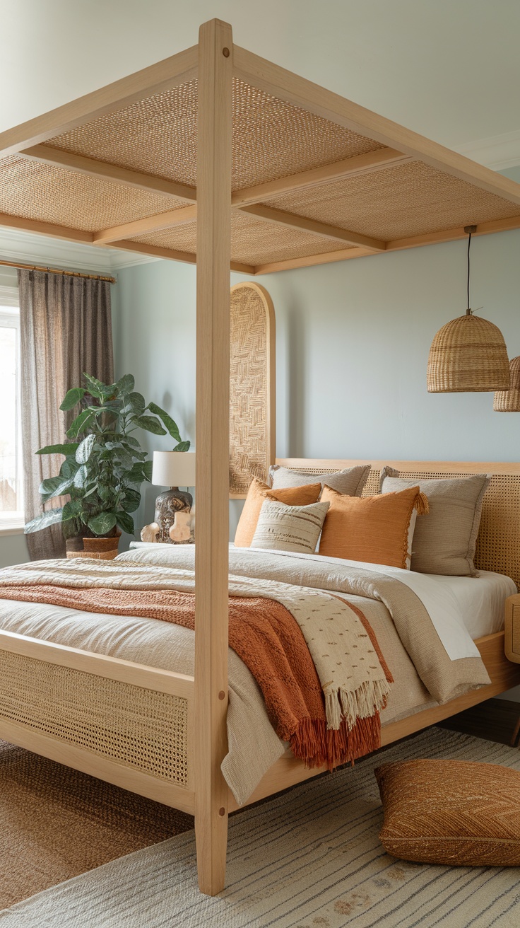 A cozy beachy boho bedroom with layered textures, including soft throws and decorative cushions.