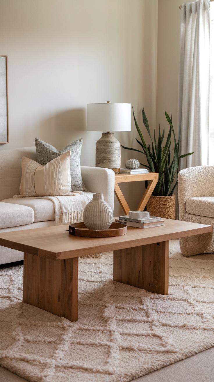 Cozy living room with textured rug, comfortable seating, and decorative elements.