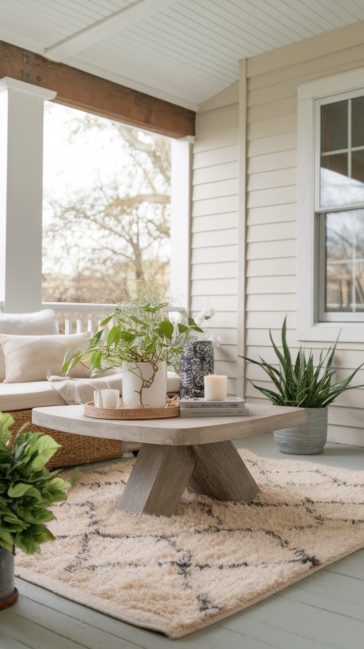 Cozy porch with a textured rug and a wooden table with plants and candles.