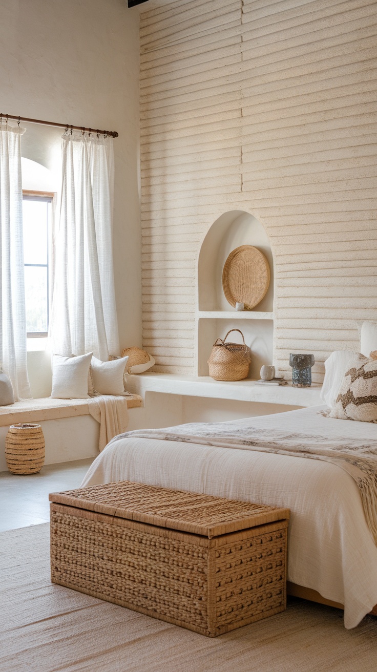 A boho coastal bedroom featuring textured wall treatments with a warm color palette and natural materials.