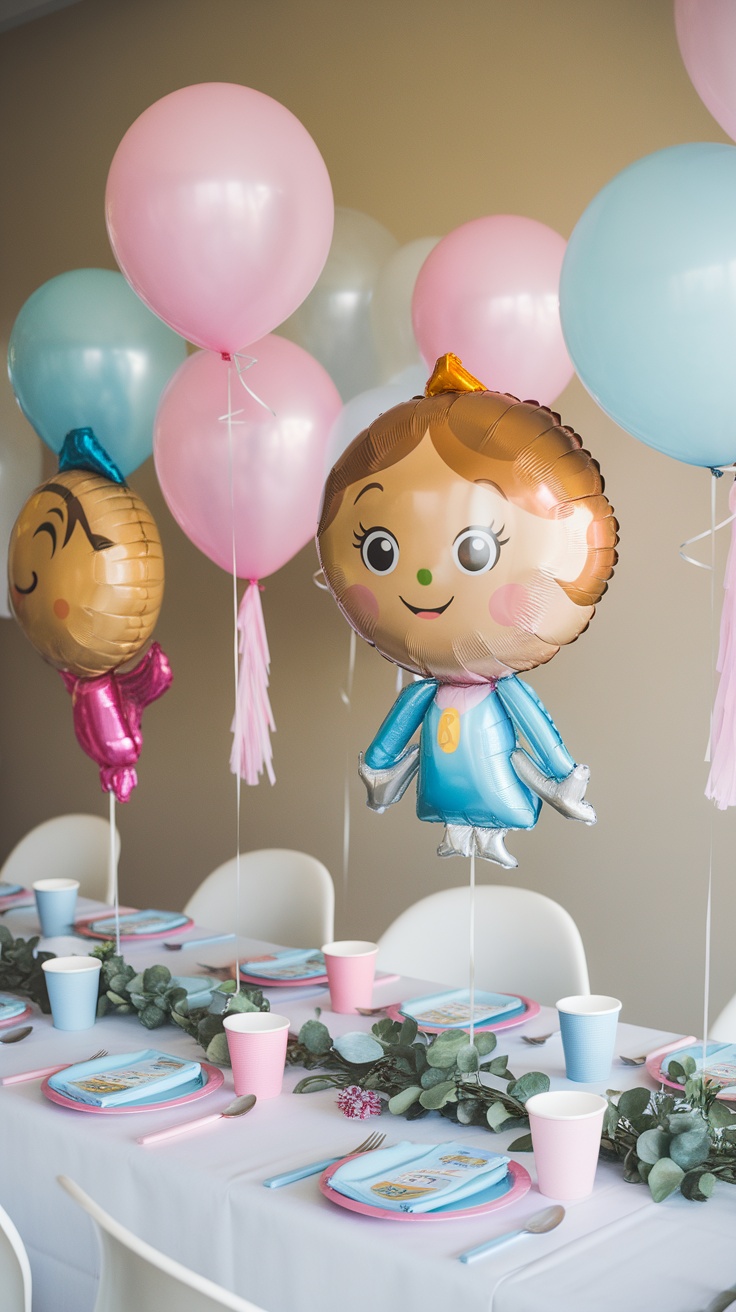 A table set with themed balloon centerpieces featuring character balloons in pink and blue.