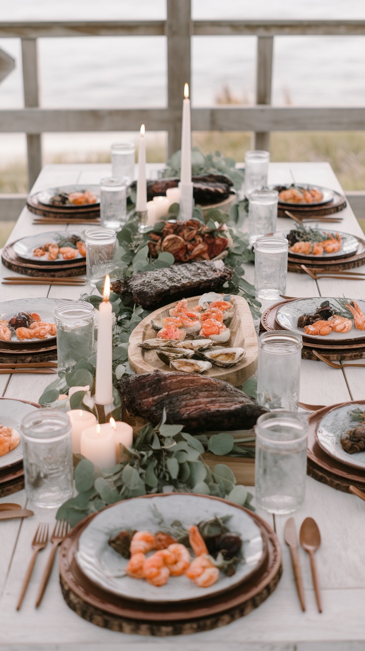 A beautifully set dinner table with seafood, ribs, and candles for a coastal theme.