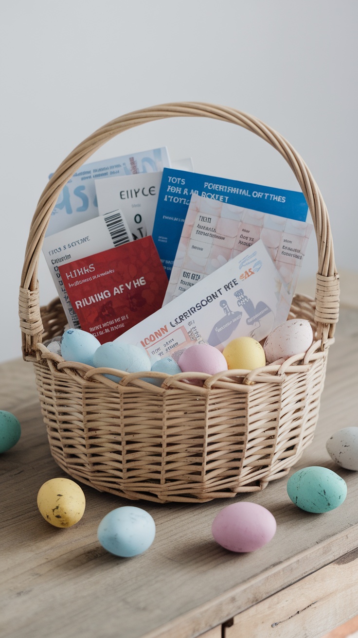 A wicker basket filled with colorful Easter eggs and tickets to various local events.