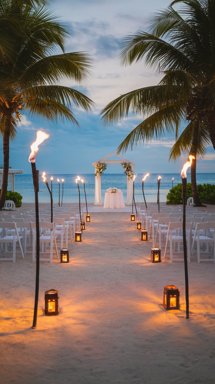 Beach bridal shower setup with tiki torches and elegant decorations