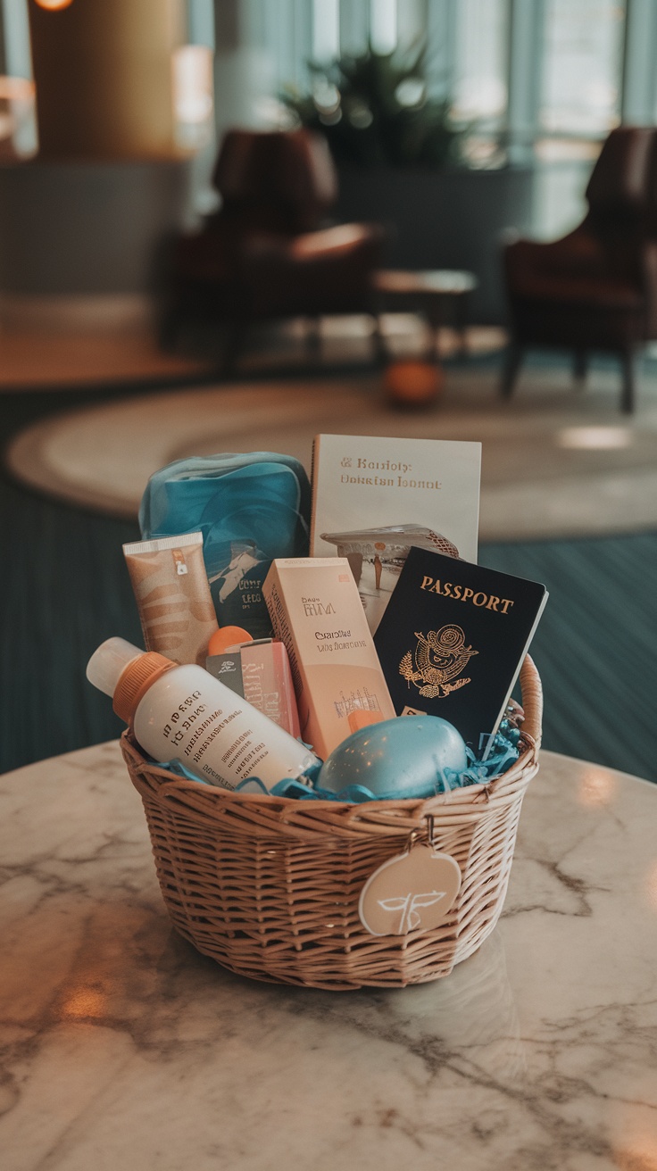 A wicker basket filled with travel essentials including toiletries, a passport, and a travel blanket.