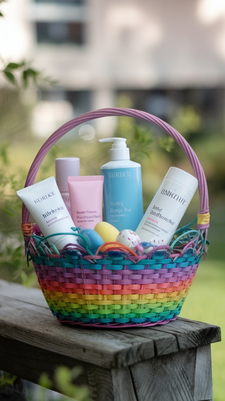 A colorful Easter basket filled with skincare products and decorative eggs.