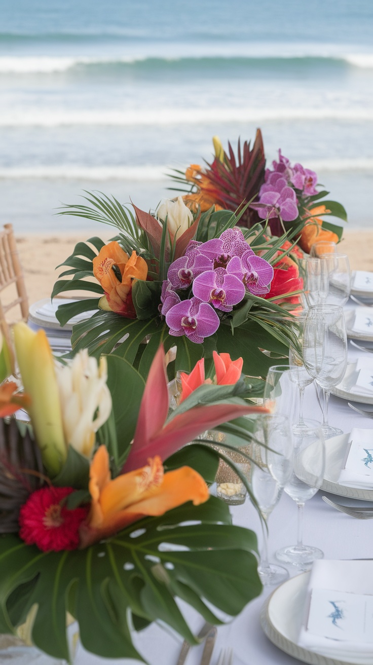 Tropical floral centerpieces with bright orchids and greenery set on a table by the beach.