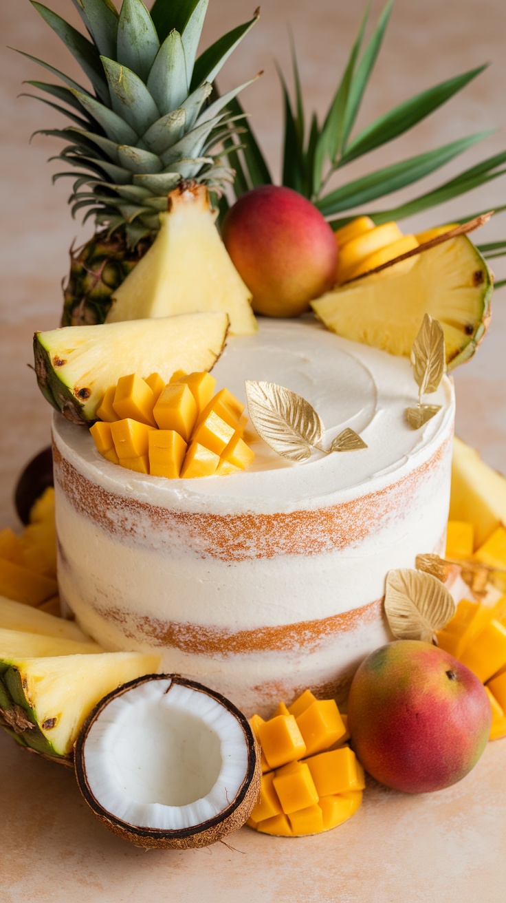 A tropical fruit explosion cake decorated with mango, pineapple, and coconut.