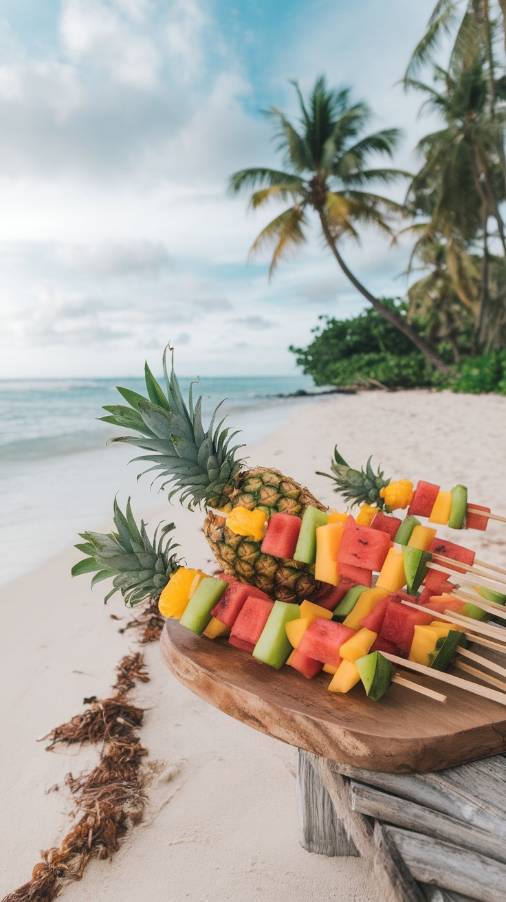 Tropical fruit skewers with pineapple, watermelon, and mango on a wooden platter by the beach.