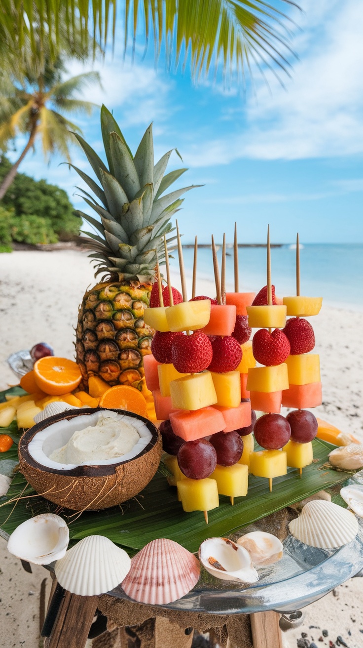 Fruit skewers with pineapple, strawberries, and melon beside coconut dip on a beach setting.