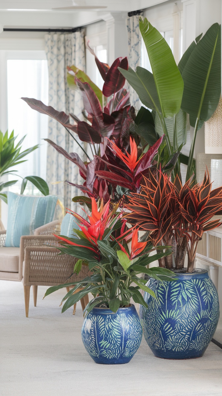 A cozy beach room decorated with vibrant tropical plants in blue pots.