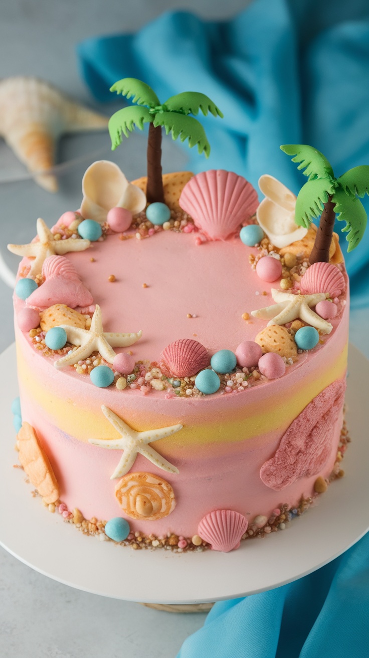 A colorful Tropical Sunset Cake decorated with palm trees and seashells on a light background.