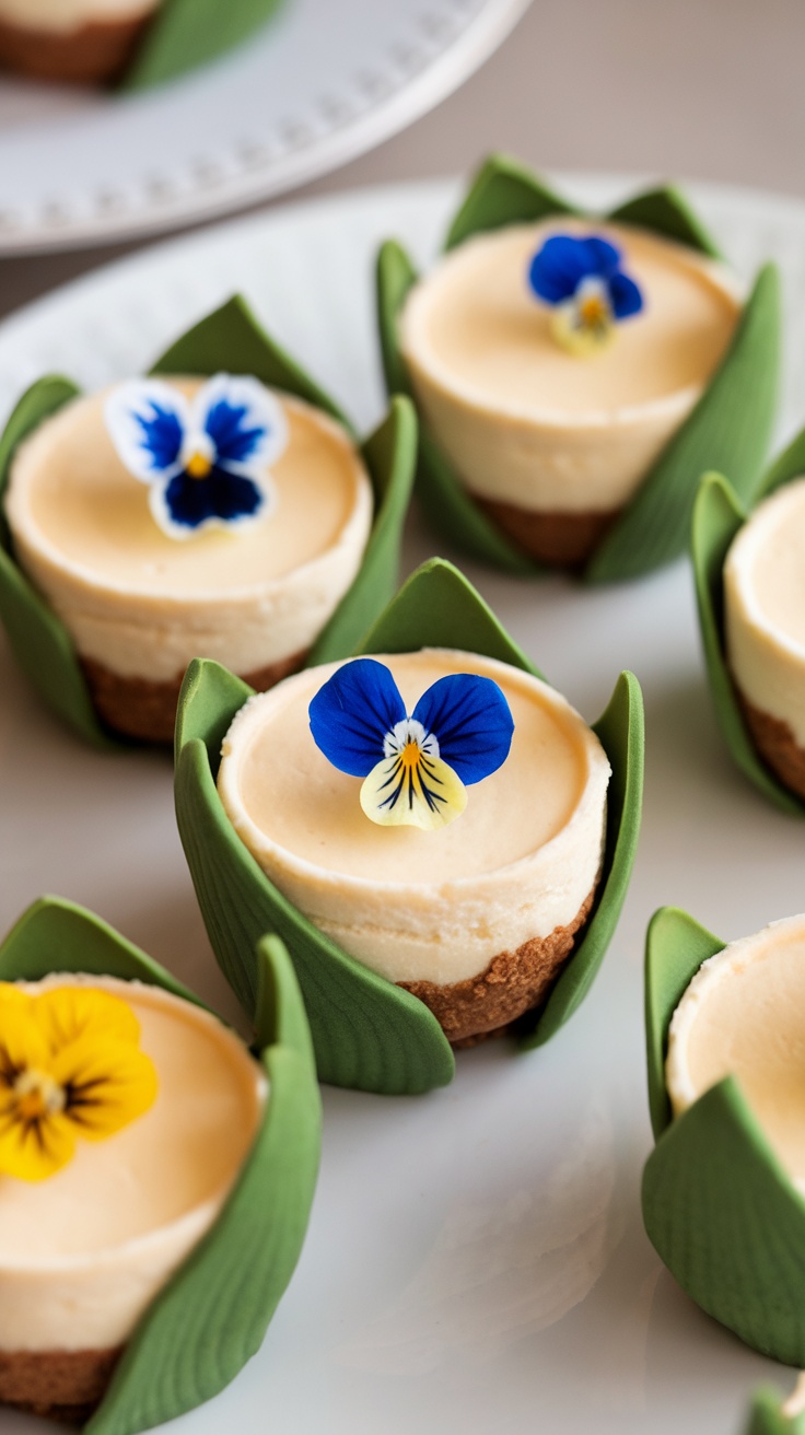 Mini cheesecakes shaped like tulips with green leaves and colorful flower toppings