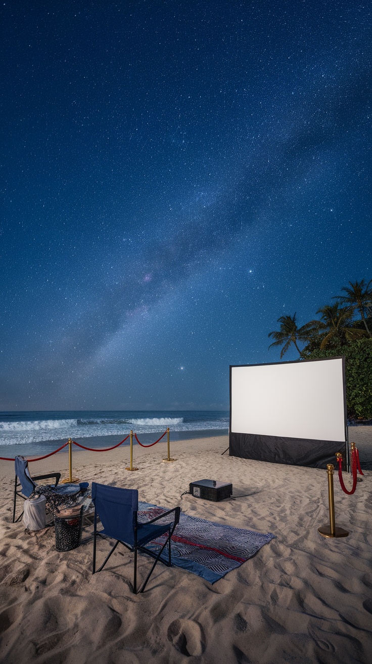 A beach movie night setup with chairs, a projector screen, and stars overhead.