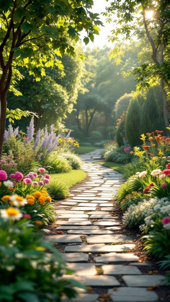 A beautiful spring garden with colorful flowers and a stone pathway.