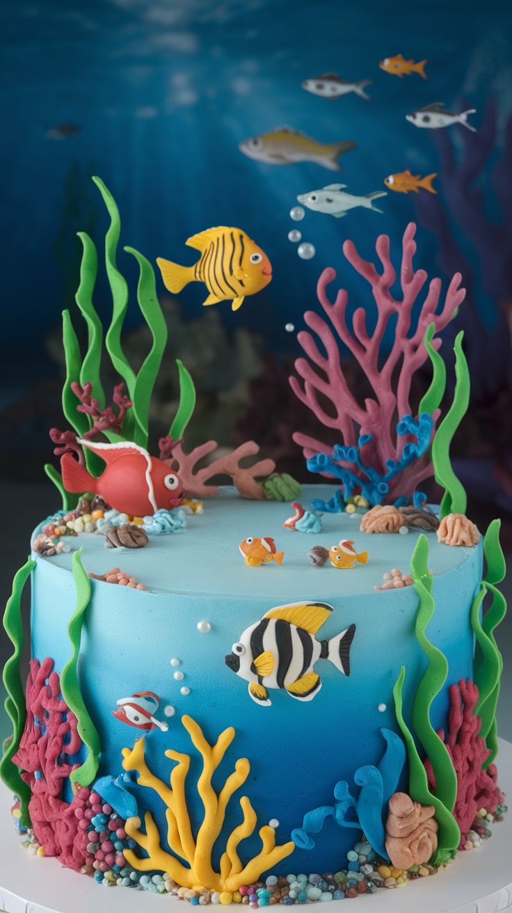 A vibrant underwater-themed cake decorated with colorful fish, coral, and bubbles.