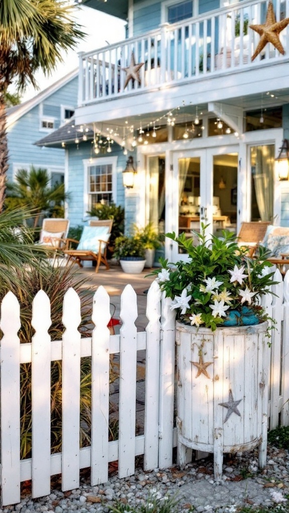 A beach cottage exterior featuring unique fencing solutions for privacy, blending white picket and metal fencing with decorative seashells.