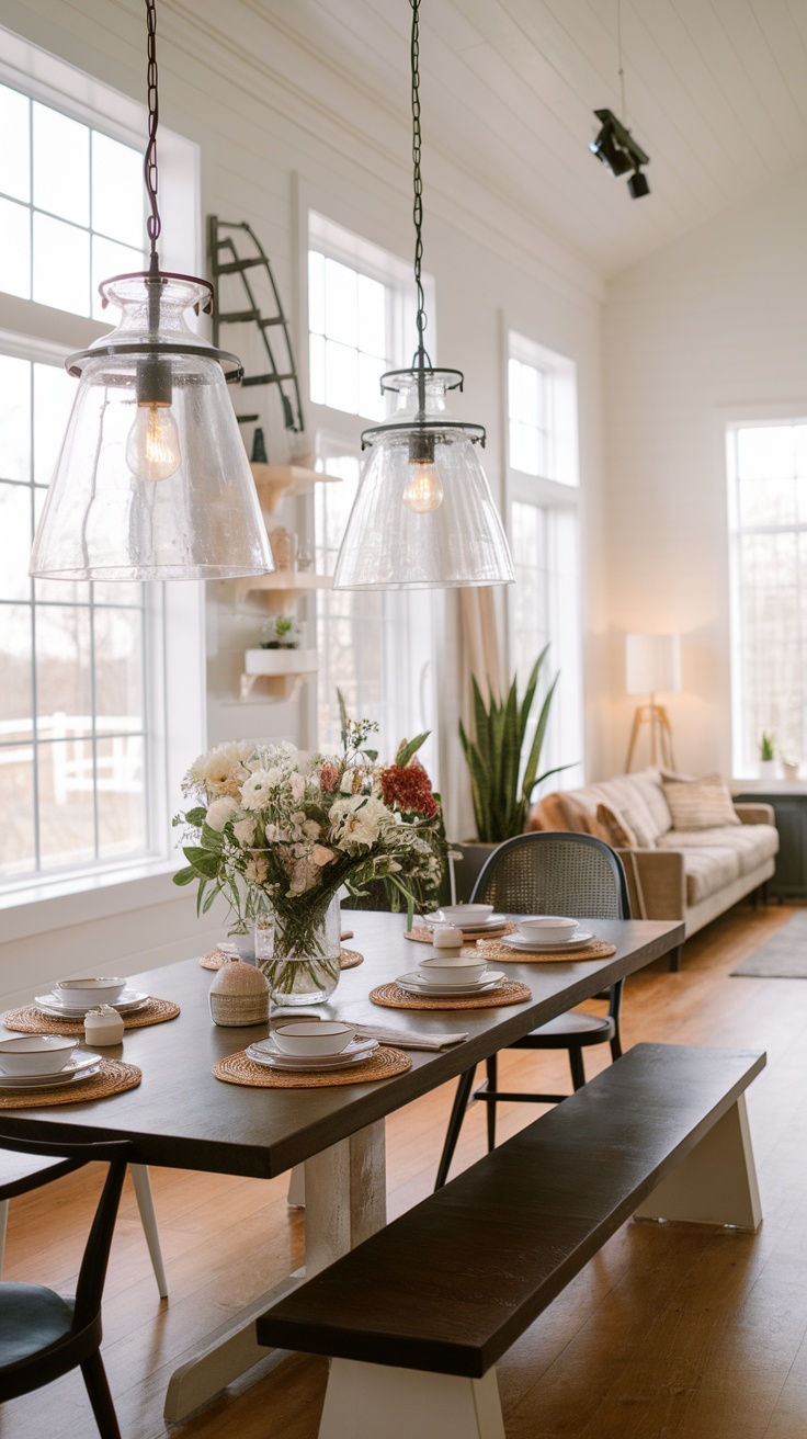 A modern farmhouse dining area featuring unique pendant lighting and a decorated table.