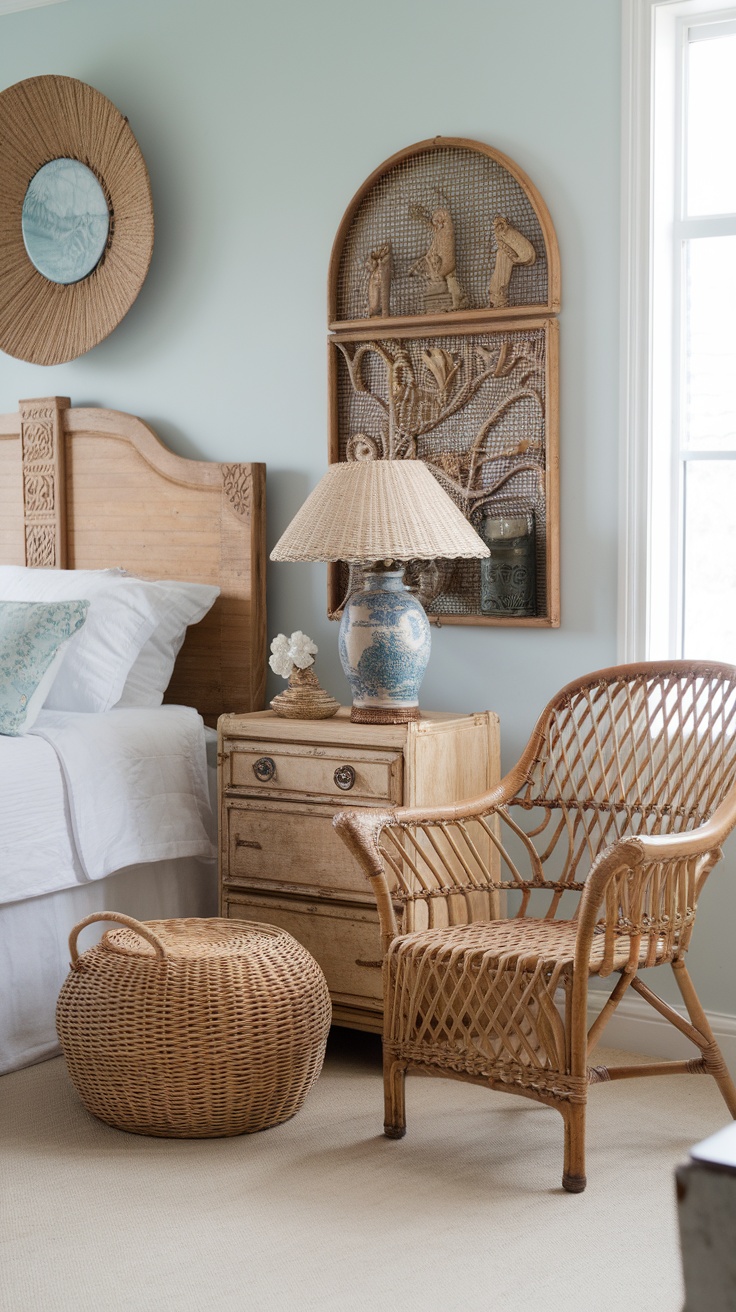 A cozy boho coastal bedroom featuring vintage furniture and decor.