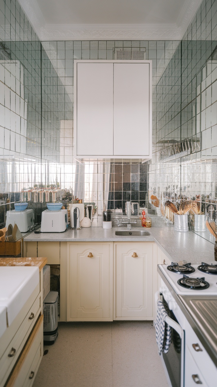 A small kitchen with mirrored walls and white cabinetry.