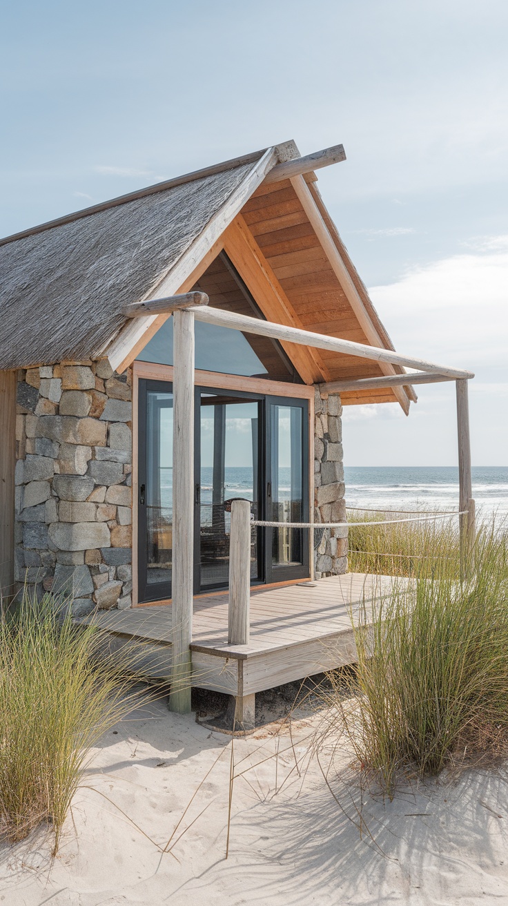 Beach cottage exterior featuring natural materials like stone and wood.