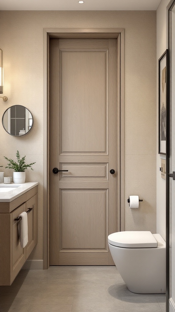 A small bathroom featuring a pocket door, modern fixtures, and natural light.