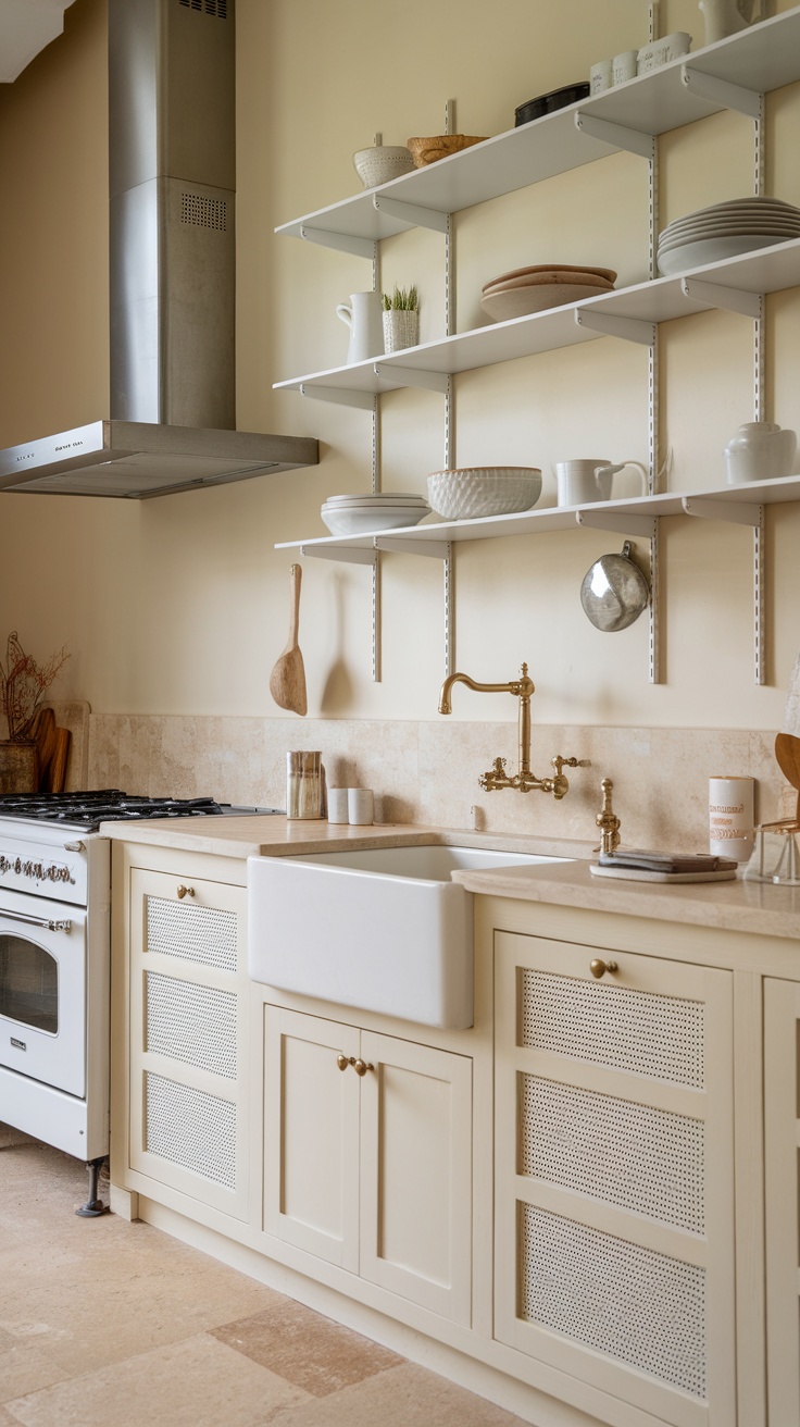 A small cottage kitchen featuring open shelves with various dishes and kitchenware.