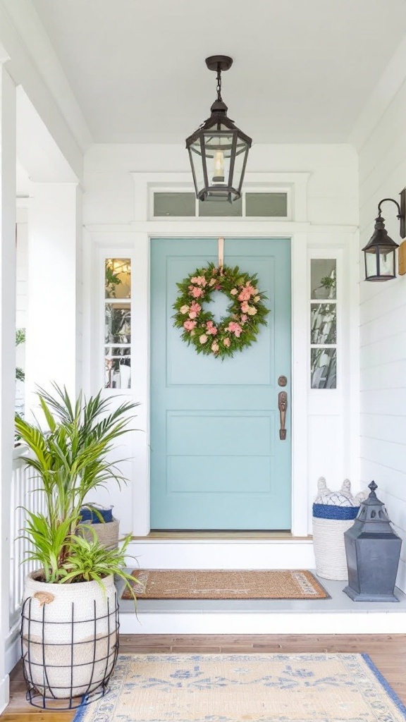 Bright blue beach cottage door with wreaths and surrounding greenery