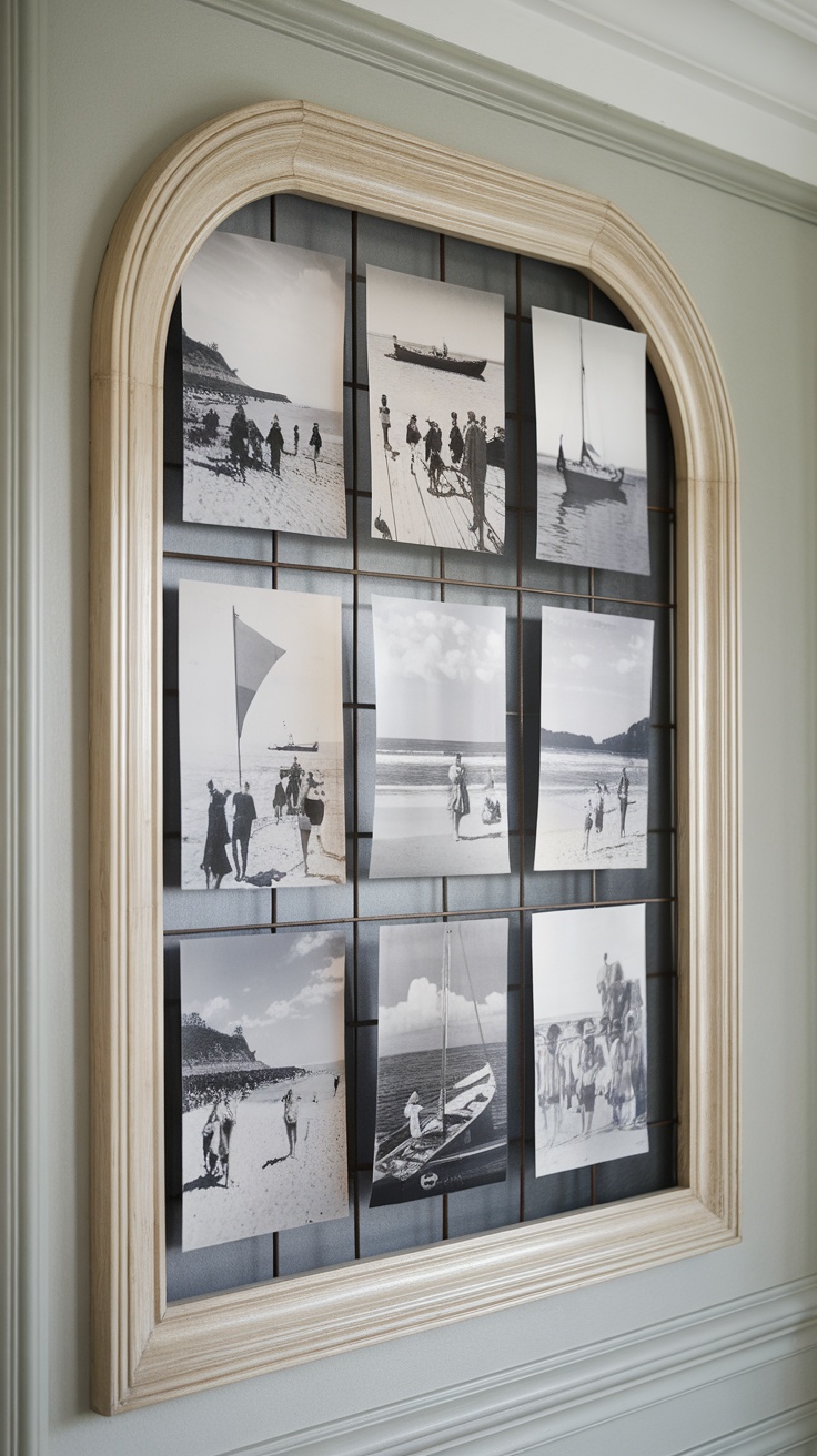 A collection of vintage black and white beach photographs framed on a wall.