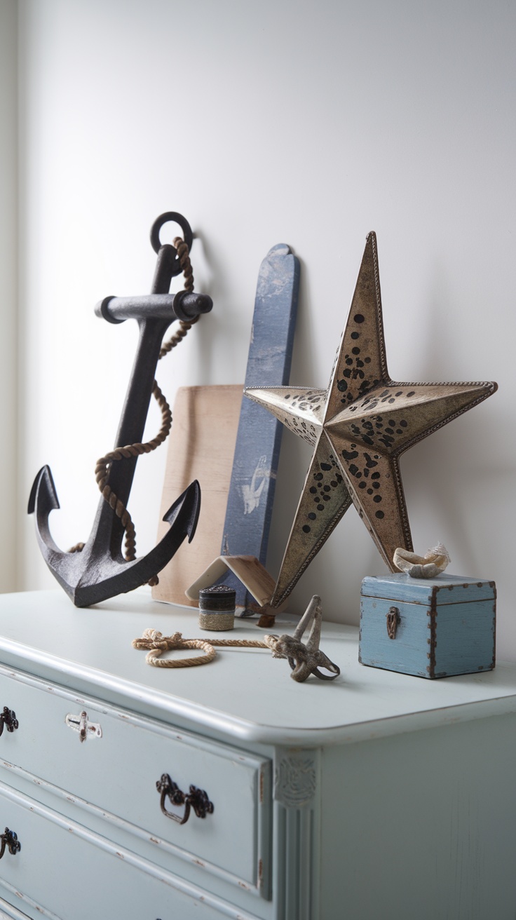 A collection of vintage coastal accessories including an anchor, star decor, and a blue wooden box on a dresser.