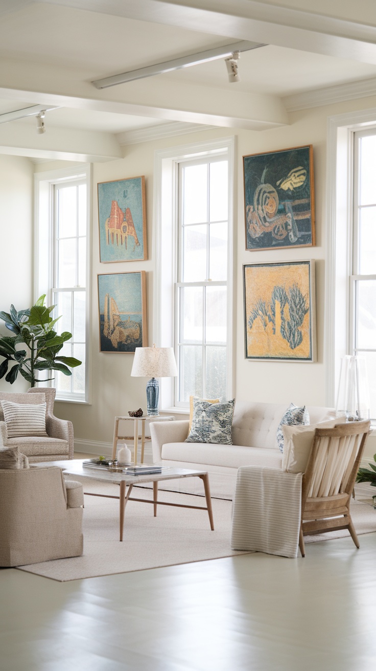 Cozy coastal living room with vintage artwork and soft furnishings