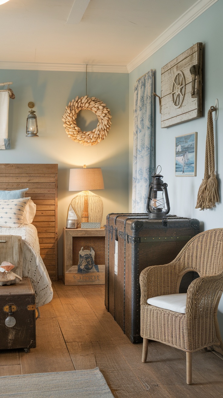 Coastal cottage bedroom with vintage items like an old trunk and lantern.