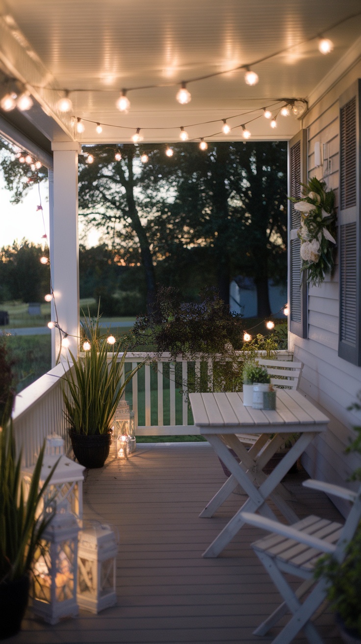 A cozy porch decorated with string lights and lanterns, featuring a simple table and chairs.