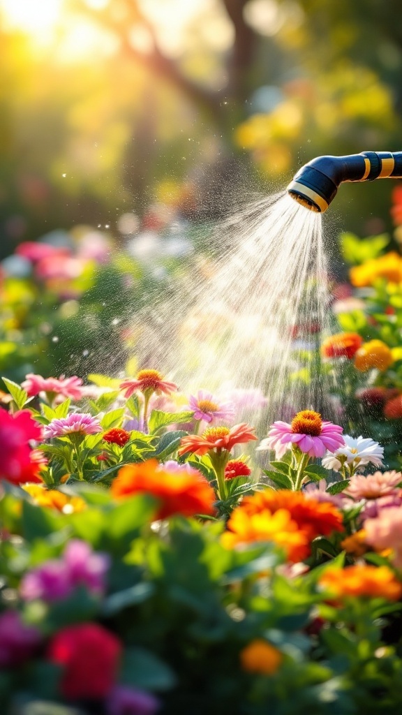 A garden hose watering vibrant flowers in a spring garden