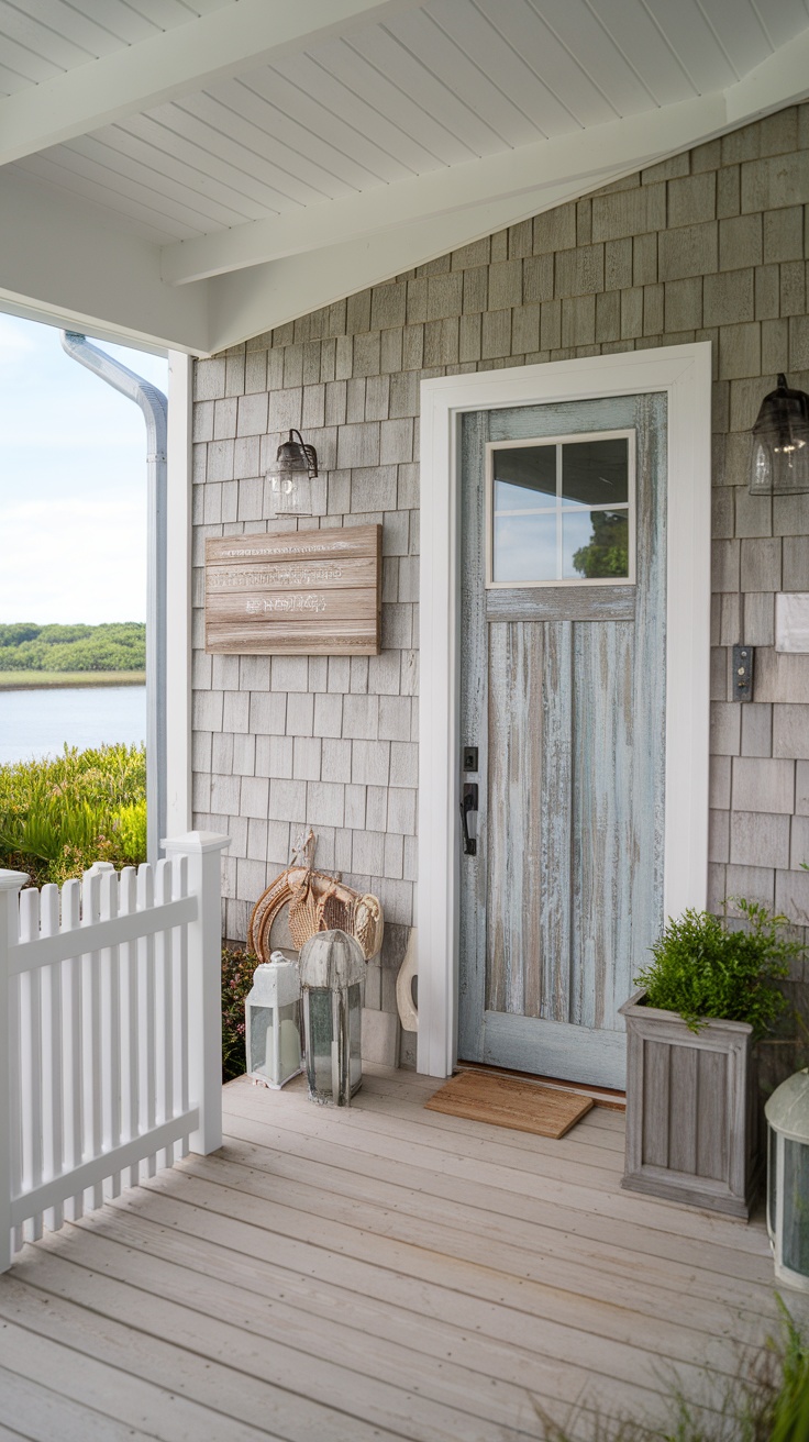 An inviting entrance featuring weathered wood elements, nautical decor, and a serene view.