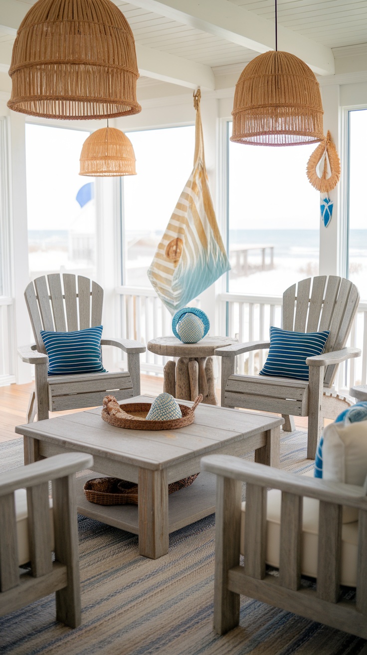 A cozy beach room featuring weathered wood furniture and ocean-themed decor.