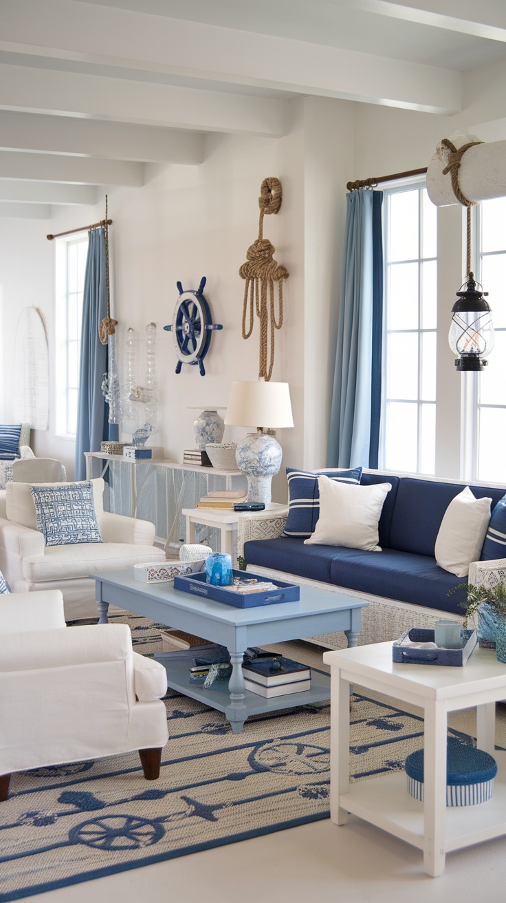Cozy coastal living room with blue and white decor