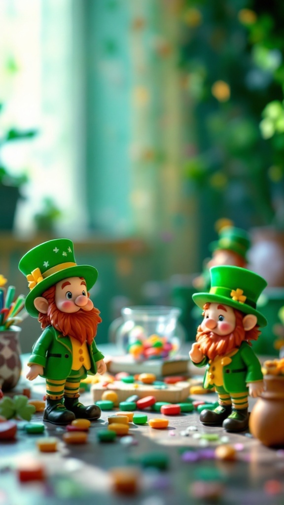 Two whimsical leprechaun figurines surrounded by colorful candies and festive decor.