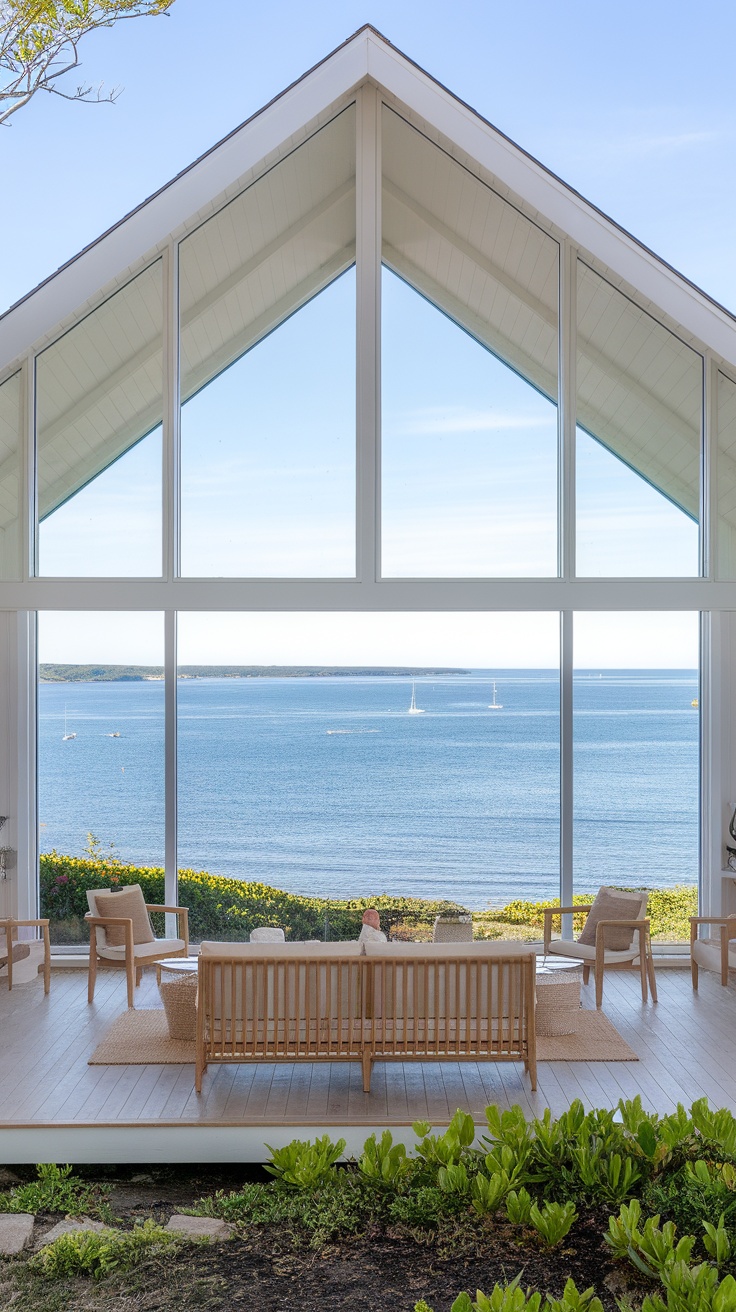 A beach cottage with large windows overlooking the ocean