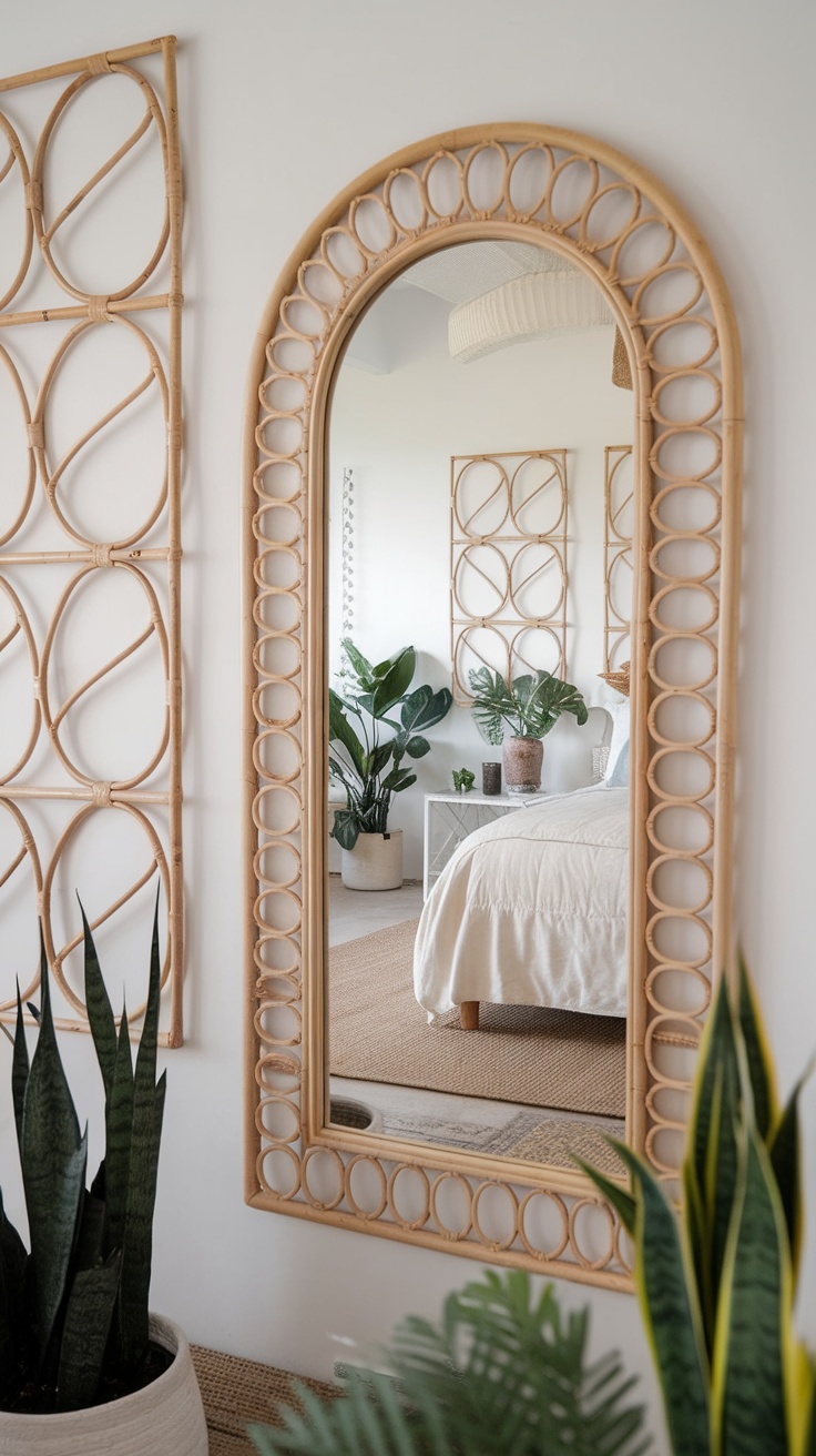 A stylish rattan mirror and wall decor in a cozy bedroom setting